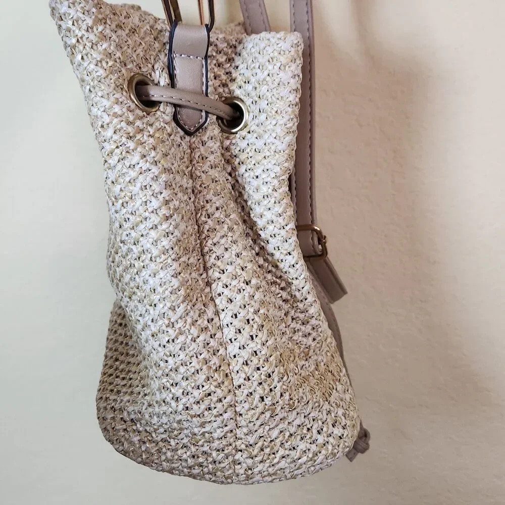 Cream Shoulder Bucket Bag Straw Rafia Leather Drawstring Hobo Beach Bamboo‎ Boho